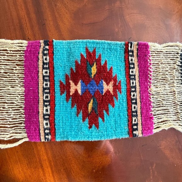 Zapotec 7 Panel Table Runner Mexican 79 "x 7"  Wool Hand Woven Folk Art Fringe - Picture 2 of 16